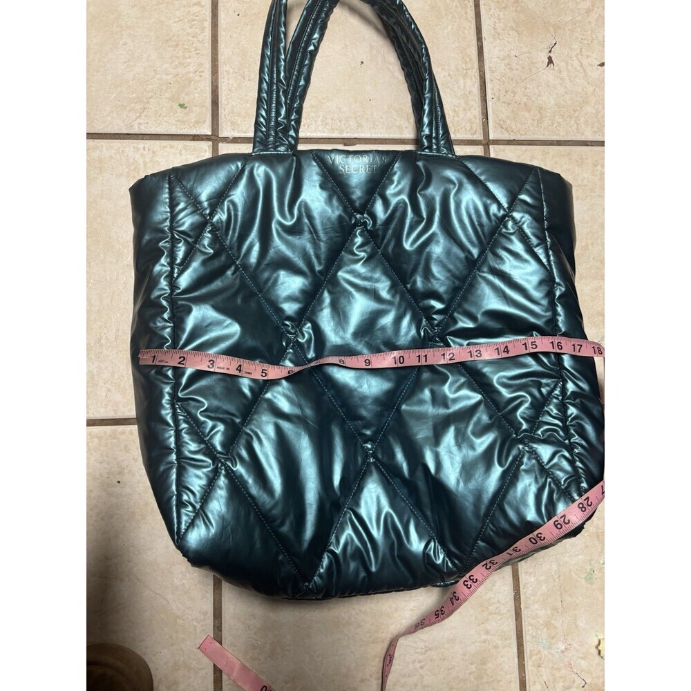 Victoria's Secret Large Tote Bag 14x15" Puffer Quilted Metallic TEAL GREEN EUC - Picture 6 of 6
